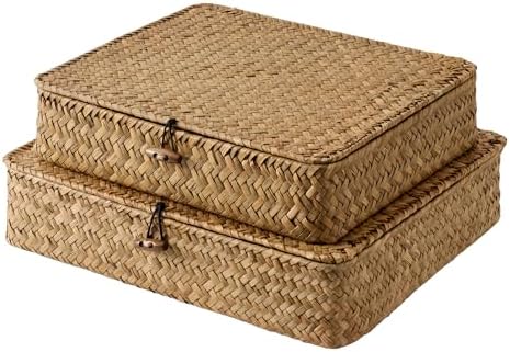 StorageWorks Wicker Basket with Lids, Seagrass Wicker Storage Bins with Lid