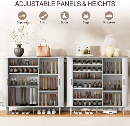 DHH Shoe Storage Cabinet with Sliding Door, 6-Tier Shoe Cabinet with Adjustable Shelves, Modern Freestanding Shoe Storage Organizer for Entryway, Hallway, Living Room (Washed Grey, 47 ")