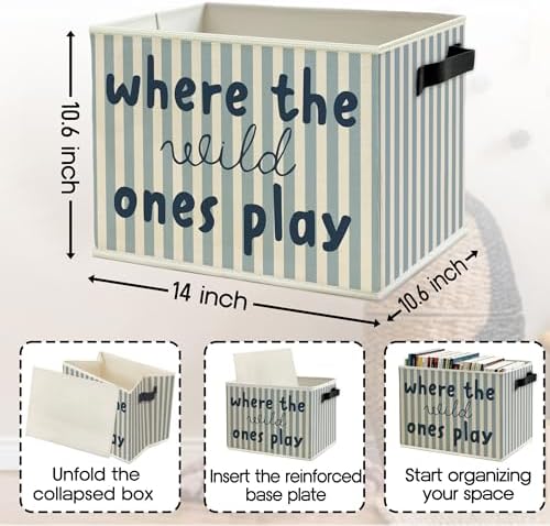 Blue Stripe Boho Classroom Storage Bins Box with Handles, Where the Wild Ones Play Collapsible Basket Organizer for Kids Playroom Nursery Bedroom Bathroom Books Clothes