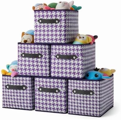 6 Pack Large Collapsible Storage Baskets for Shelves,14.9"x9.5" Fabric Closet storage Boxes with Leather Handles,Decorative Organizers Storage Bins for Clothes,Sheets,Books,(Purple Houndstooth