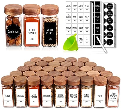 Churboro 36 Pack 4oz Glass Spice Jars with 547 Labels, Acacia Wood Lids
