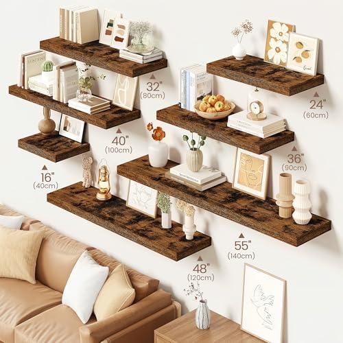 Vivelove Floating Shelves 9 inch Deep 40”Long Set of 2, Rustic Brown | Easy Install With Hardware, 1.5" Thick, Invisible Brackets, Wall Mounted, No Sagging, For Any Room