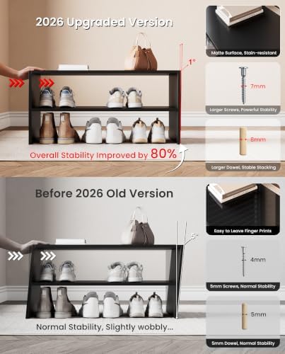 2-Tier Stackable Shoe Rack, 24.6 Inches Wide, Matte Black(Pack of 2)