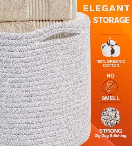 CHAT BLANC Cotton Rope Baskets for Organizing, Shelves, Toys, Storage, Shoe, Bathroom, Laundry, Towel, Nursery, Home Decor, Blanket, Cloth Woven Bins Fabric (Gray7, 15"x10"x9")