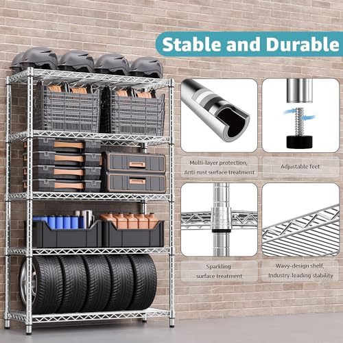 M MZG 1750 LBS Storage Shelves 5-Tier Utility Shelving Unit Steel Organizer Wire Rack for Home,Kitchen,Office,Garage, Capacity 17.7" D x 47.2" W x 72.3" H