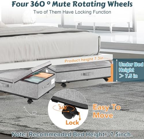 Supowin Under Bed Storage with Wheels, 2Pack Rolling Underbed Storage