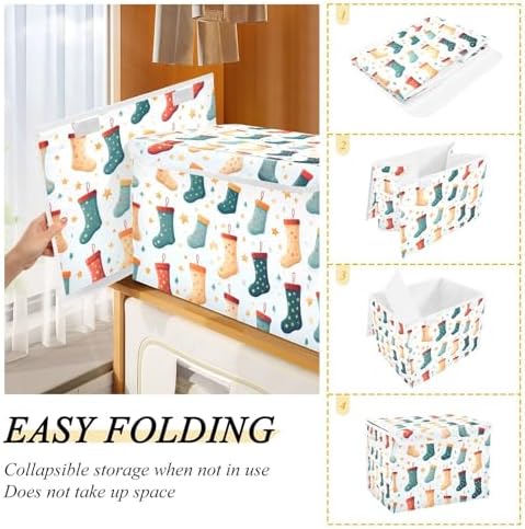 Large Storage Bins with Linen Christmas Colorful Stockings Collapsible Foldable Storage Cubes Fabric Closet Organizer Containers box with Flip-Top Lid for Home Bedroom Office 16.7 x 12.6 x 11.8in