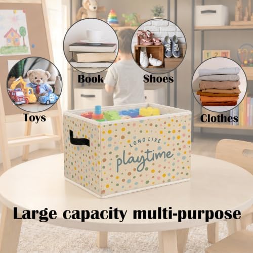 Boho Polka Dot Kids Playroom Storage Bins with Handles, Long Live Playtime Collapsible Laundry Basket Organizer for Boy Girl Nursery Room, Kids Room Decorative Storage Boxes