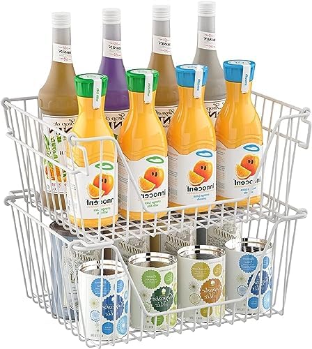 Stackable Wire Metal Baskets Cabinet Organizer Sturdy Metal Wire Pantry Freezer Bin with Handle for Kitchen Fruit Vegetable Organization, White, 3Packs