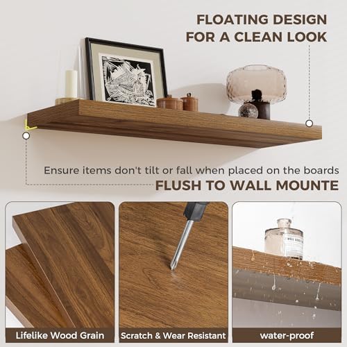 Fun Memories 12 Inch Deep Floating Shelves for Wall, 20 Inch Long Wall Mounted Storage Shelf with Invisible Brackets, 3 Pack Hanging Wood Shelf for Farmhouse, Bedroom, Kitchen, Living Room, Walnut