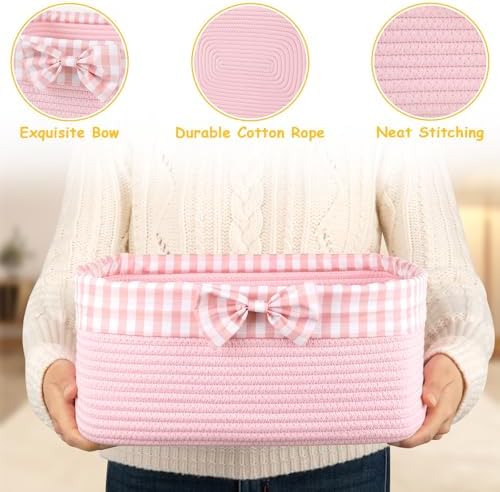 OIASKET Basket for Gifts Empty, Large Gift Basket 13L with Gift Bag and Ribbon, Woven Cotton Basket for Baby Showers, Birthday, Wedding, Mother's Day, 13.58"x10"x5.9", Pink