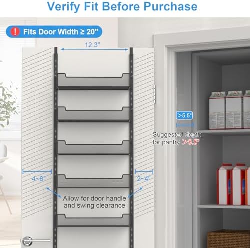 VyGrow 12.3" W Narrow Over the Door Pantry Organizer, 6-Tier Over the Door Organizer with Adjustable Basket, Pantry Door Organization for Pantry Kitchen Storage Room Spice Rack, Black