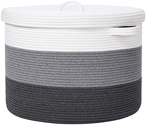 20x15 Inch Extra Large Round Cotton Rope Storage Basket with Lid, Decorative Woven Bin with Cover for Living Room Bedroom Closet, Grey & Dark Grey