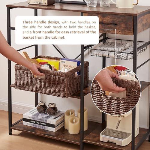 OIAHOMY Wicker Storage Basket, Rectangular Paper Rope Shelf Baskets with Built-in Handles, Woven Decorative Organizer for Pantry, Shelves, Living Room and Bathroom, 1-Pack Brown