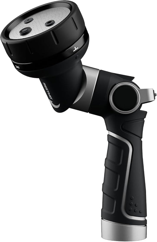 RESTMO Multi-Angle Garden Hose Nozzle with Sprinkler Function, Heavy Duty Water Hose Nozzle with 4 Spray Patterns, Magic Twist and Thumb Flow Control for Garden Watering, Car Washing & Yard, Black