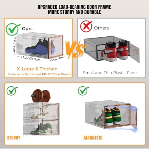 6 Pack Shoe Storage Box Organizer, Clear Thicken Stackable Plastic Shoe Boxes with Magnetic Door, Sturdy Shoe Containers for Sneakers Boots, Easy to Assemble, Fit up to US Size 12(13.2"×10.6"×7.5")