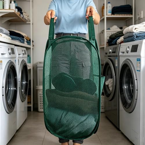 Larpur Pop Up Laundry Hamper Collapsible Mesh Clothes Basket, Dark Green | Portable Laundry Hamper Foldable Dirty Clothes Hamper Storage for Home, Dorm, Travel, Cruise
