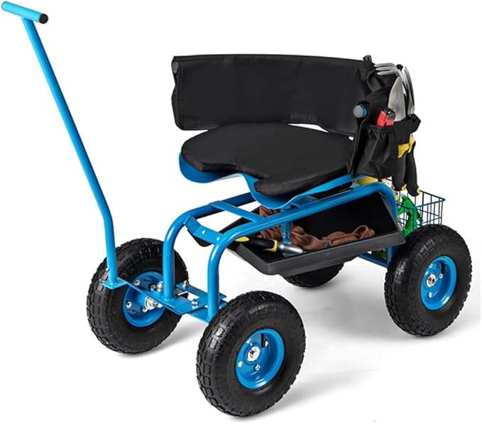 ERGOMASTER Rolling Garden Seat with Wheels,360 Degree Swivel Seat Gardening Stool for Planting,Tool Storage & 2 Steering Handles,Use for Patio, Yard, and Outdoors Workseat, Blue