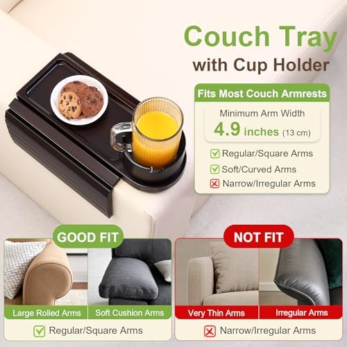 Couch Cup Holder with Phone Stand, Couch Arm Tray for Armrests Over 4.9" | Bamboo Couch Armrest Table with 360° Rotating Phone Stand, 3 in 1 Foldable Sofa Arm Tray Table for Remote, Snacks, Drinks