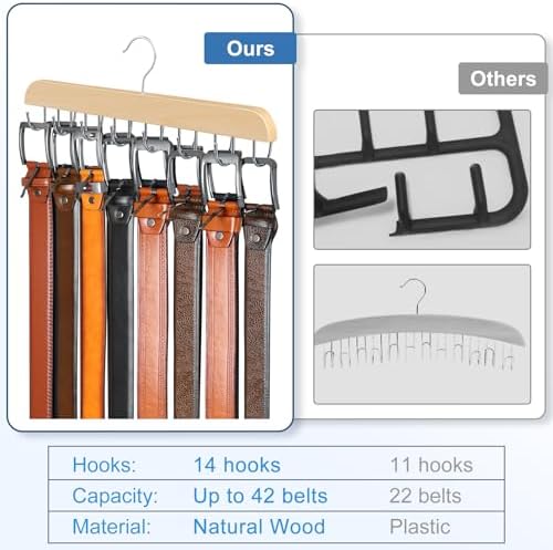 Belt Organizer with 14 Hooks, Sturdy Wood Belts Rack Closet Accessories