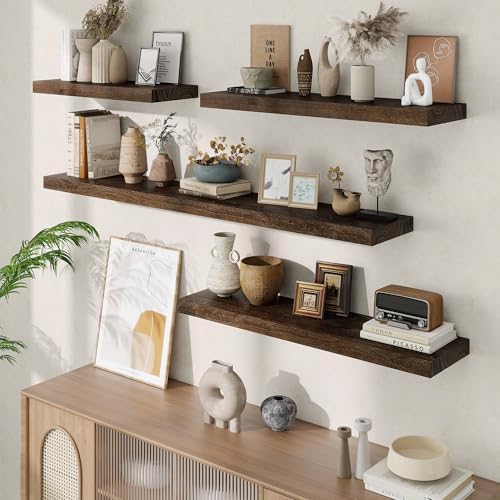Acovy Extra Deep 55" Long Rustic Solid Wood Floating Shelves for Wall, Wall Shelves with Invisible Bracket for Living Room Bathroom Bedroom Kitchen, Set of 1, Walnut