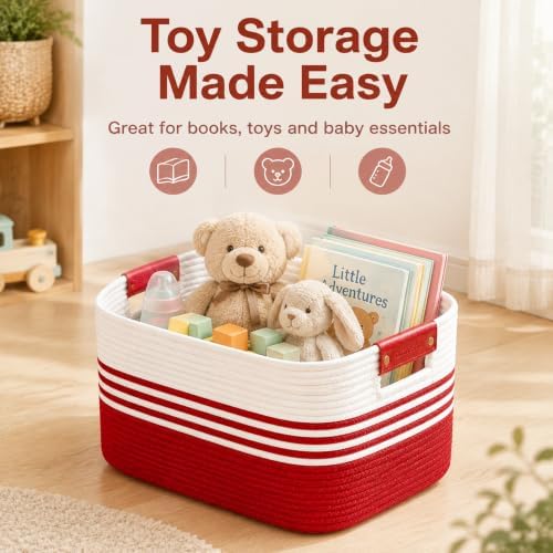 12.8GAL Kids Stuffed Animal Toy Storage Organizer, Cute Mini Nursery Laundry Basket for Baby Girls Boys Dirty Clothes, Picture Books, Small Cotton Rope Wicker Hamper for Bathroom Towels White Red