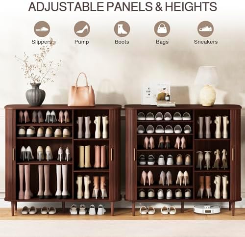 DHH Shoe Storage Cabinet with Sliding Door, 6-Tier Shoe Cabinet with Adjustable Shelves, Modern Freestanding Shoe Storage Organizer for Entryway, Hallway, Living Room (Walnut, 47 ")