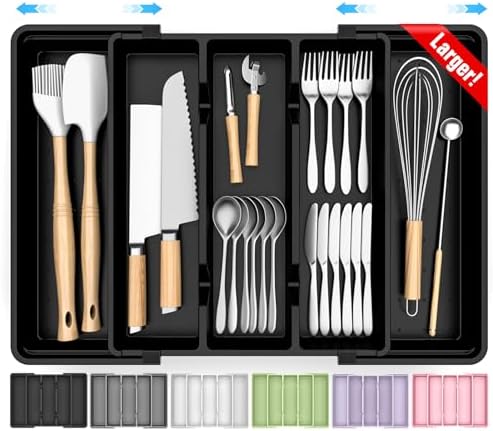 Large Expandable Silverware Drawer Organizer, Utensil Tray | Kitchen Drawer Organizer for Spoons/Forks/Knives, Multipurpose & BPA Free Cutlery Tray (1 Pack, Black)