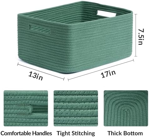 MiniArk Large Storage Baskets for Organizing, 17 x 13 x 7.5” Closet Shelf Baskets for Clothes Blanket Towels, Baby Nursery, Toy Bins Box, Woven Rope Baskets, 4 Packs Green
