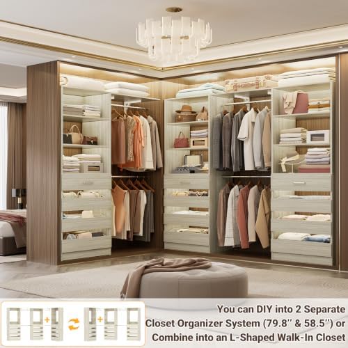 Aheaplus Closet System with 12 Drawers, 138.5" Custom Wood Closet Organizer