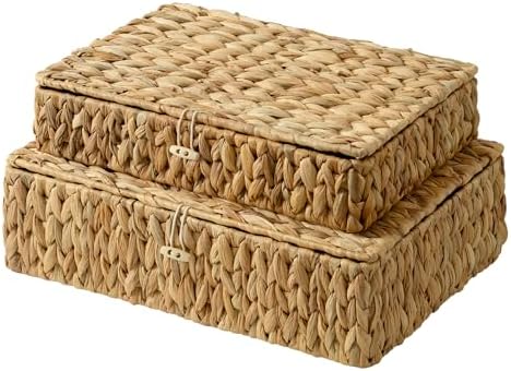 StorageWorks Wicker Basket with Lid, Large Water Hyacinth Storage Baskets