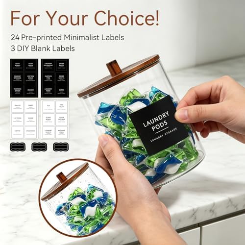 Amolliar 78oz/0.6Gal Clear Acrylic Laundry Pods Container (Dark Wood) | Laundry Room Organization, Detergent Container with Dark Wood Lids & 27 Labels for Bathroom/Kitchen Organizer