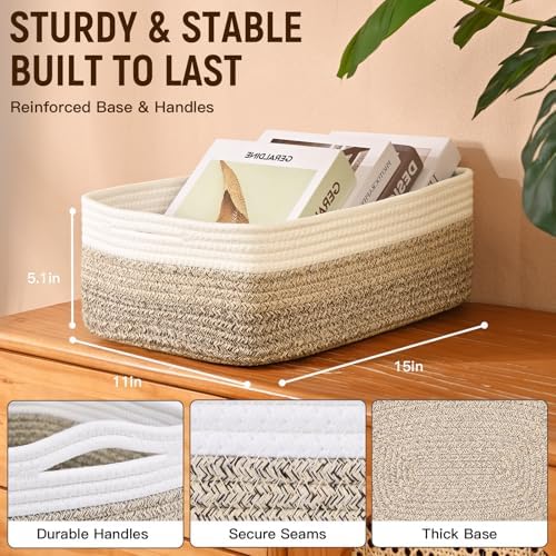 Shallow Storage Baskets for Shelves, 15x11x5.1 Inch Woven Baskets for organizing, 2 Pack Storage Bins for Nursery, Bathroom, Closet, Decorative, Gradient Brown