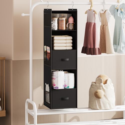 YOUDENOVA Hanging Closet Organizer, Hanging Shelves with Drawers, Black