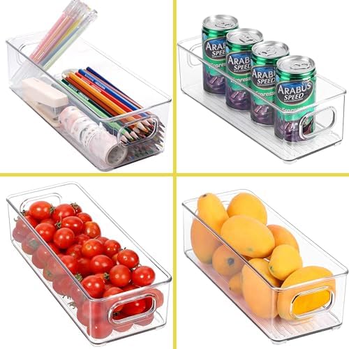 Set of 4 Refrigerator Pantry Organizer Bins - Stackable Fridge Organizers with Handles for Pantry, Freezer, Kitchen, Countertops, Cabinets - Clear Plastic Food Storage Bins