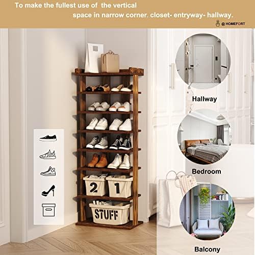 HOMEFORT 7-Tier Wood Shoe Rack, Double Rows Shoe Shelf, Shoe Storage Stand, Entryway Shoe Tower, Vertical Shoe Organizer for Narrow Closet, Entryway, Hallway, Rustic Brown