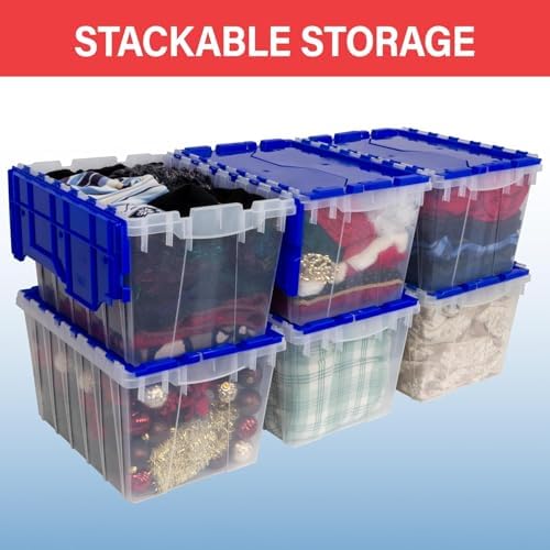 Akro-Mils KeepBox 12 Gal Storage Box, Lid Attached, Stackable, Clear/Red