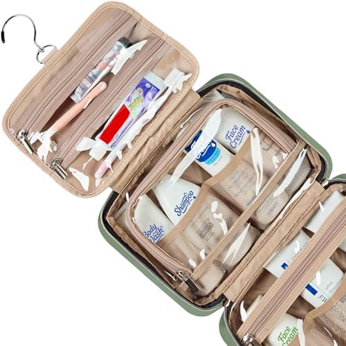 NISHEL Travel Toiletry Bag for women, Portable Hanging makeup Organizer | for Travel-Sized Shampoo, Conditioner, Brushes Set, makeup Accessories, Medium Size, Bronze Green