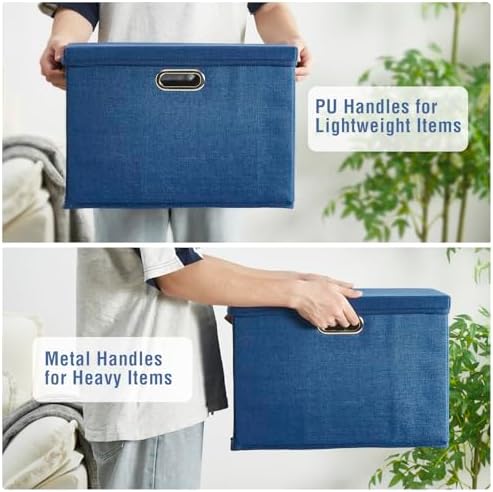 17" Large Fabric Storage Box with Lids, 3-Pack, Navy