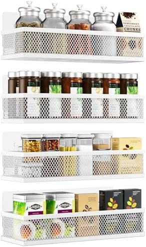 Spice Rack Wall Mount, 4 Pack Wall Spice Rack & Hanging Storage Baskets Organizer Wall Mount, Large Capacity Metal Spice Shelf for Kitchen Cabinet, Pantry Doors, Bathroom, Shower, Home Decor
