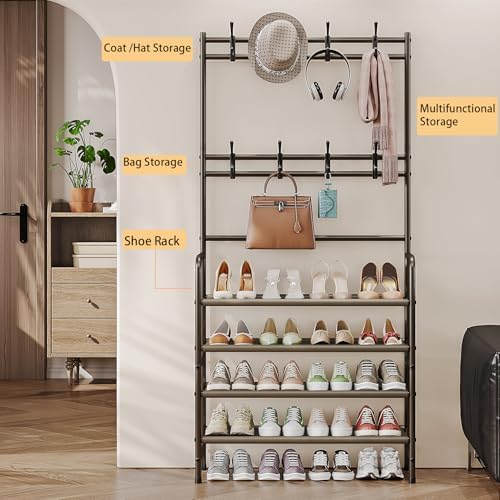 Coat Rack Shoe Rack With Storage Hooks Standing Organizer 4 Tier