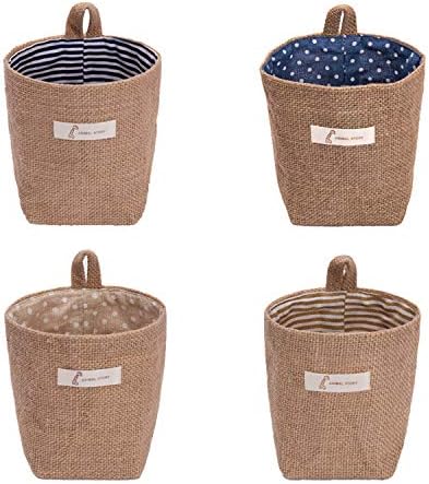 4 Pack Wall Hanging Storage Bags Hanging Storage Bags Cotton Linen Storage Basket Foldable Wall Hanging Basket Family Organizer Box Decorative Bag (Color as Shown)3.93 * 3.93 * 5.31