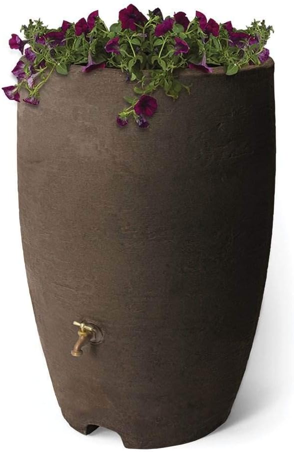 Algreen Athena 50 Gallon Plastic Outdoor Rain Barrel with Brass Spigot, Screen Guard for Rain Water Collection and Storage, Brown (2 Pack)