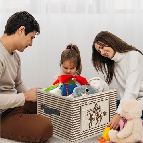 Vintage Western Cowboy Foldable Storage Bins Box with Handles, Western Country Cowboy Rodeo Horse Neutral Striped Collapsible Toys Books Clothes Organizer Basket for Bedroom Bathroom