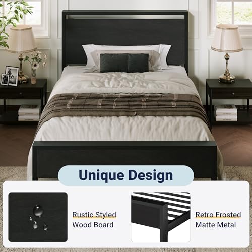 Allewie Twin Size Bed Frame, Heavy Duty 12 Metal Slats Support, Black Oak