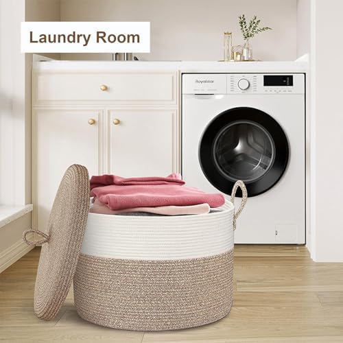 21" x 18" Extra Large storage baskets,Decorative blanket basket with lid for Living room,rope baskets with lid,wicker hamper for bedroom,Big,Round,White & Brown 115L