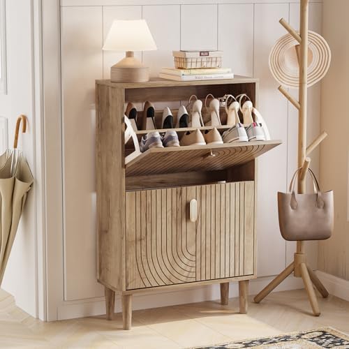 Shoe Cabinet Storage for Entryway with 2 Flip Drawers, Narrow Shoe Cabinet for Entryway, Hidden Slim Shoe Organizer Rack Cabinet (Natural, 23.6" W)