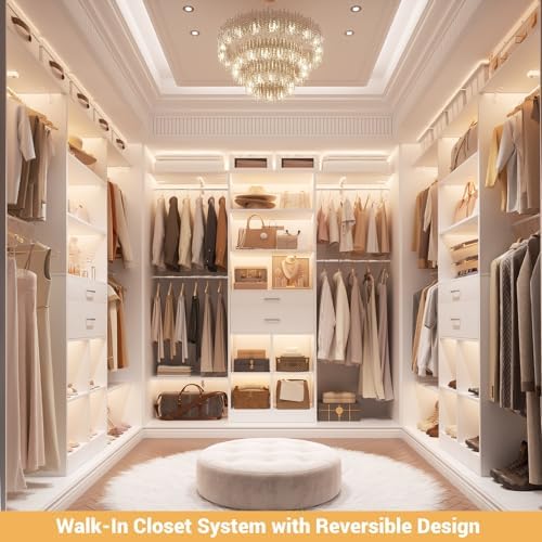 5FT Closet Organizer System with Wooden Drawers, 60 Inches Walk In Closet System With 5 Hanging Rods, Can Fit 1.58 to 6.8 FT with Reversible Hanging Shelving, White