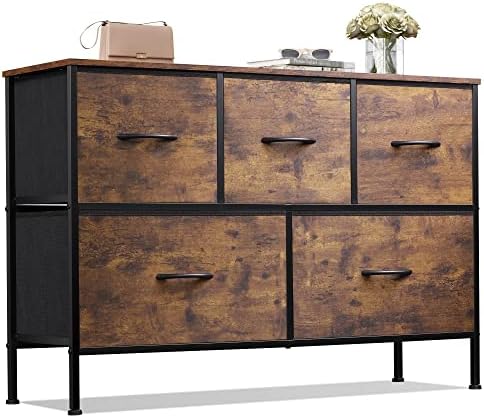 WLIVE 5 Drawer Dresser for Bedroom, Wide Chest of Drawers, Rustic Brown