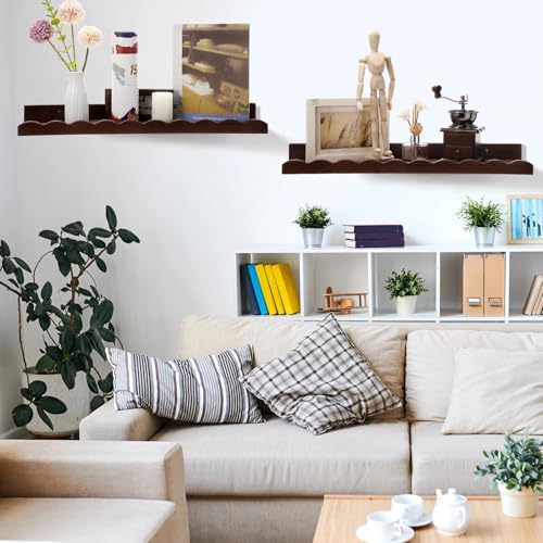 Suzile 2 Pcs Scalloped Floating Wall Shelves,23",Walnut Brown | Scalloped Edge, Book Display, Plant Display, Photo Frames, Toy Storage, Nursery, Bedroom, Bathroom, Aesthetic Decor